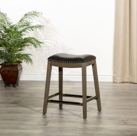 24" Counter Height Saddle Stool, Weathered Gray Finish, Black Leather Seat