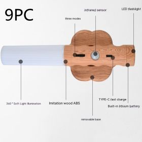 Rechargeable Wood Grain Infrared Sensor Lamp Smart Home Magnetic Induction Wall Lamp (Option: 2.5W 9PC-White Light)