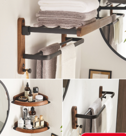 Solid Wood Towel Rack Perforation-free Bathroom Shelving (Option: Basic three piece set)