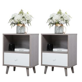 Set of 2 Mid Century Bedside Table, Nightstand with Drawer and Shelf Storage, Side Accent Table for Living Room Bedroom (Color: Gray)