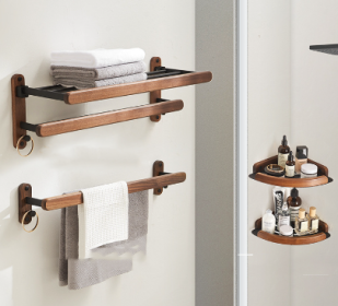 Solid Wood Towel Rack Perforation-free Bathroom Shelving (Option: Upgraded three piece set)